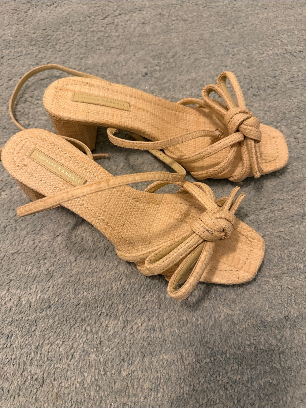 Loeffler Randall Raffia Knot Block Heel Sandals in Tan worn once